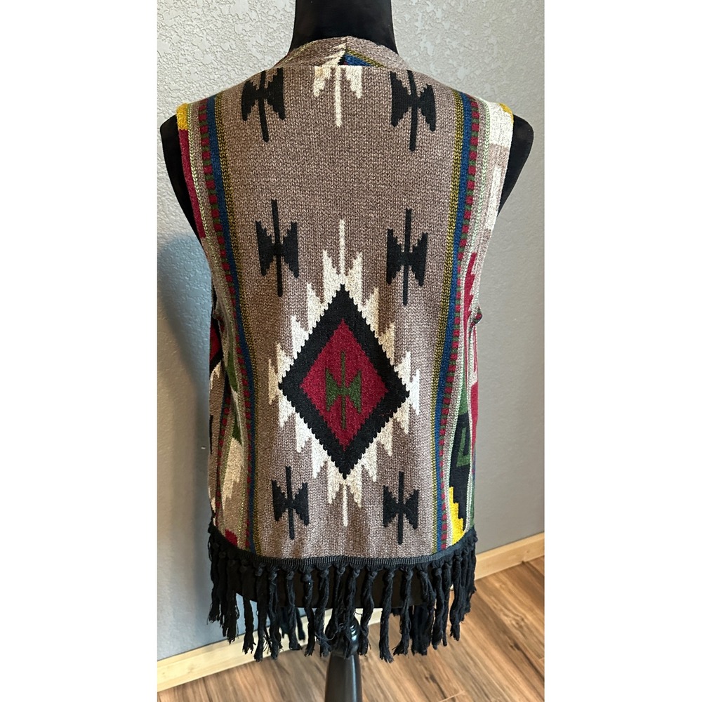 Le Lis Womens Southwestern Geometric Fringe Open Front M Vest Hippie Boho - Picture 4 of 13